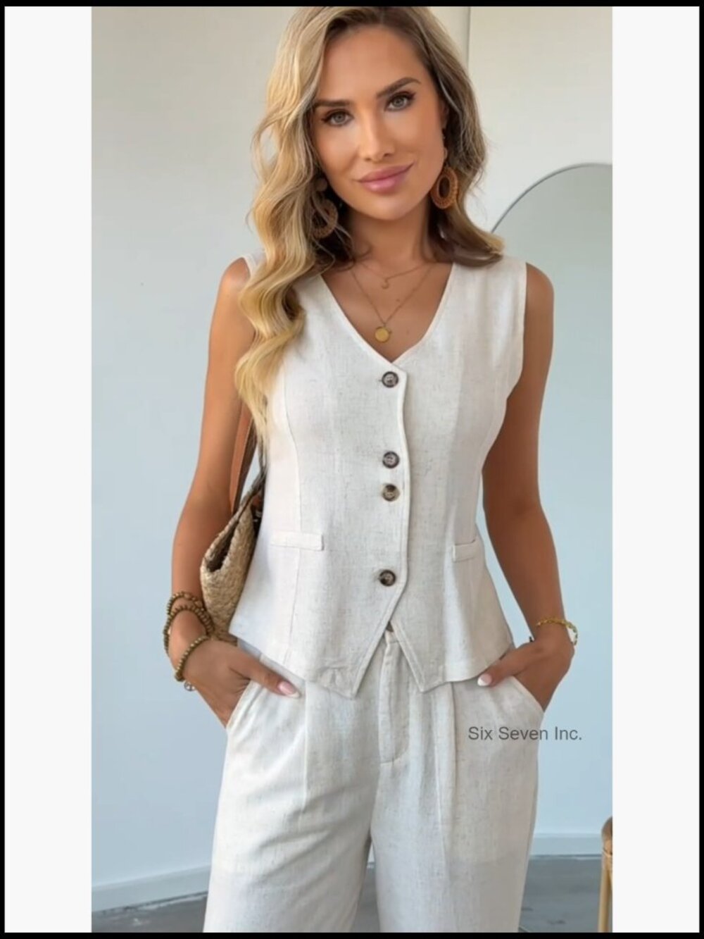 Women's 2 Piece Cotton Linen Vest & Wide Leg Pants Suit Summer Set - Picture 6 of 6